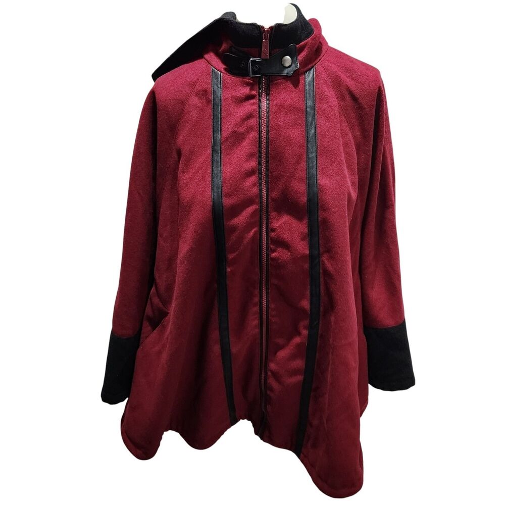 Sporto Wool Blend Hooded Jacket Burgundy Zip Front Toggle Collar Coat